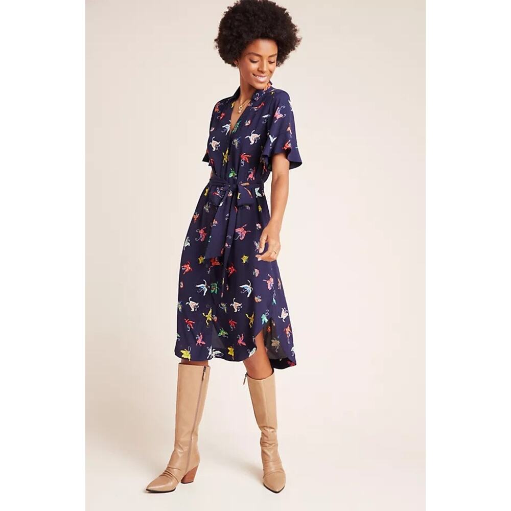Maeve Anthropologie Flutterby Butterfly Ruffle Belted Button Front Dress XSP